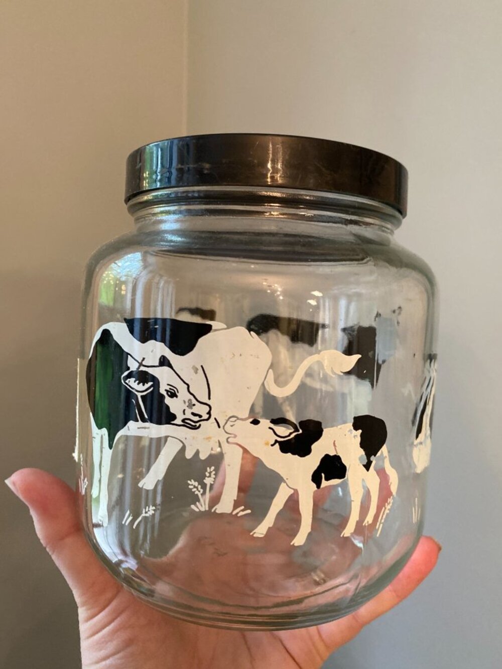Vintage Anchor Hocking Glass Jar With Holstein Cows Farmhouse Design 48 Oz Black